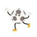 Happy football ball groovy character. Soccer retro mascot. Cartoon sport equipment isolated on white background. Championship game Royalty Free Stock Photo