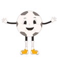 Happy football ball groovy character. Soccer retro mascot. Cartoon sport equipment isolated on white background. Championship game Royalty Free Stock Photo