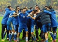 Happy football players celebrate qualifying to FIFA World Cup 2014