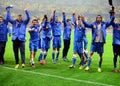 Happy football players celebrate qualifying to FIFA World Cup 2014