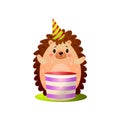 Happy forest hedgehog haves birthday party with big cake Royalty Free Stock Photo