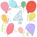 Happy fourth birthday. Colorful balloon greeting card