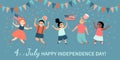 Happy Fourth of July. America Independence Day greeting banner template with happy kids with flags and hats jumping and having fun