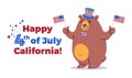 Happy Fourth of July, California background - California state animal grizzly bear in cartoon style ready for holiday - American Royalty Free Stock Photo