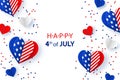 Happy Fourth of July. USA Independence Day background with American flags in heart shape and confetti Royalty Free Stock Photo