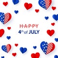 Happy Fourth of July. USA Independence Day background with American flags in heart shape and confetti Royalty Free Stock Photo