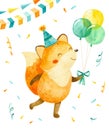 Happy fox cub with a birthday hat on his head and with balloons in his hand. Royalty Free Stock Photo