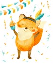 Happy fox cub with Indian feathers and with a cake in his hand.