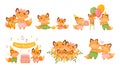 Happy Fox Family Celebrating Birthday of Their Little Cubs Vector Set Royalty Free Stock Photo