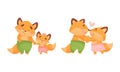 Happy Fox Family with Mother and Father Dancing and Walking with Little Cub Vector Set Royalty Free Stock Photo