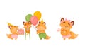 Happy Fox Family with Mother and Father Loving Their Little Cub Celebrating Birthday Vector Set