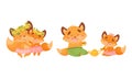 Happy Fox Family with Mother and Father Loving Their Little Cub Dancing and Drinking Tea Vector Set