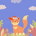 Happy fox in flower wreath with ginger forelock