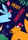 Happy fox and rabbit with festive things. Merry Christmas template of card, poster, flyer. Happy New Year cute cartoon Royalty Free Stock Photo