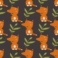 Seamless pattern with happy foxes, leaves