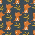 Happy foxes and leaves, colorful seamless pattern