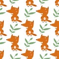 Happy foxes, leaves, seamless pattern