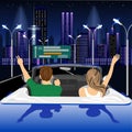 Happy free couple driving in cabriolet car in night city cheering joyful with arms raised