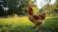 happy free range chicken in the meadow. Generative Ai Royalty Free Stock Photo