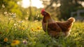 happy free range chicken in the meadow. Generative Ai Royalty Free Stock Photo