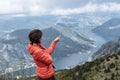 Happy free woman enjoying trip adventure travel in mountain Royalty Free Stock Photo