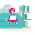 Happy freelancer girl with glasses on sofa with laptop. creative hipster work at home.