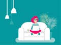 Happy freelancer girl with glasses on sofa with laptop. creative hipster work at home.