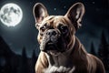 Happy French Bulldog looking away, cute companion under moon, curious