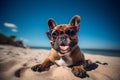 Happy French Bulldog Wearing Sunglasses Relaxing on a Sunny Beach Day