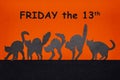 Happy Friday the 13. Black funny wild cat silhouettes on orange and black background. Day of bad luck, failure, horror concept.