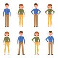 Happy, friendly office worker man in light brown pants and woman in yellow pants vector. Standing, smiling cartoon character