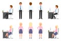 Office worker man, woman vector illustration. Front, side, back view standing, sitting at desk, typing boy, girl cartoon character Royalty Free Stock Photo