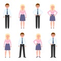 Happy, friendly office worker man and woman vector illustration. Front view standing, smiling boy and girl cartoon character set