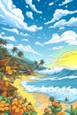 sketch of funky beach community high waves and big puffy white clouds in a bright blue sky Royalty Free Stock Photo