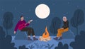 Happy friends by campfire. Hiking tourism. Guy and girl warming by fire in night forest. Man play guitar. Romantic get