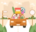 Happy friends car trip, summertime vacation and auto travel. Driver and passenger ride on road, holiday tour. Cartoon