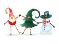 Happy friends celebrate Christmas - Scandinavian gnome, hidden gnome in christmas tree and snowman