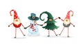Happy friends celebrate Winter Solstice, Christmas and New Year. Scandinavian gnomes and snowman