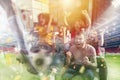 Happy friends of football fans watching soccer on tv and celebrating victory with falling confetti. Double exposure Royalty Free Stock Photo