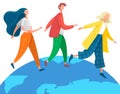 Happy friends goes around world. Young people holding hands walking on planet isolated concept Royalty Free Stock Photo