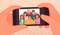 Happy friends guys and girls take a selfie. Photo of young people made on a smartphone. Vector illustration