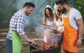 Group of friends having a barbecue and grill party in nature Royalty Free Stock Photo