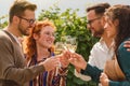 Happy friends having fun drinking wine at vineyard Royalty Free Stock Photo