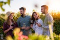 Group of young people tasting wine in winery near vineyard Royalty Free Stock Photo