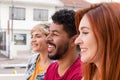 Happy friends having fun together at cafe bar outdoor. Summer, w Royalty Free Stock Photo