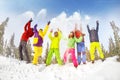 Happy friends having fun winter ski resort Royalty Free Stock Photo