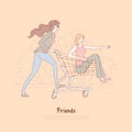 Happy friends having fun, women ride in supermarket trolley, carefree pastime, leisure, female friendship banner Royalty Free Stock Photo