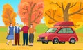 Happy friends are on large glade in autumn forest on weekend trip. Traveling by car, adventure time Royalty Free Stock Photo