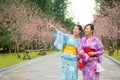 Happy friends looking at view of sakura park Royalty Free Stock Photo