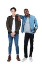 Happy, friends and men fashion portrait of full body in trendy, cool and casual person style. Happiness in interracial Royalty Free Stock Photo